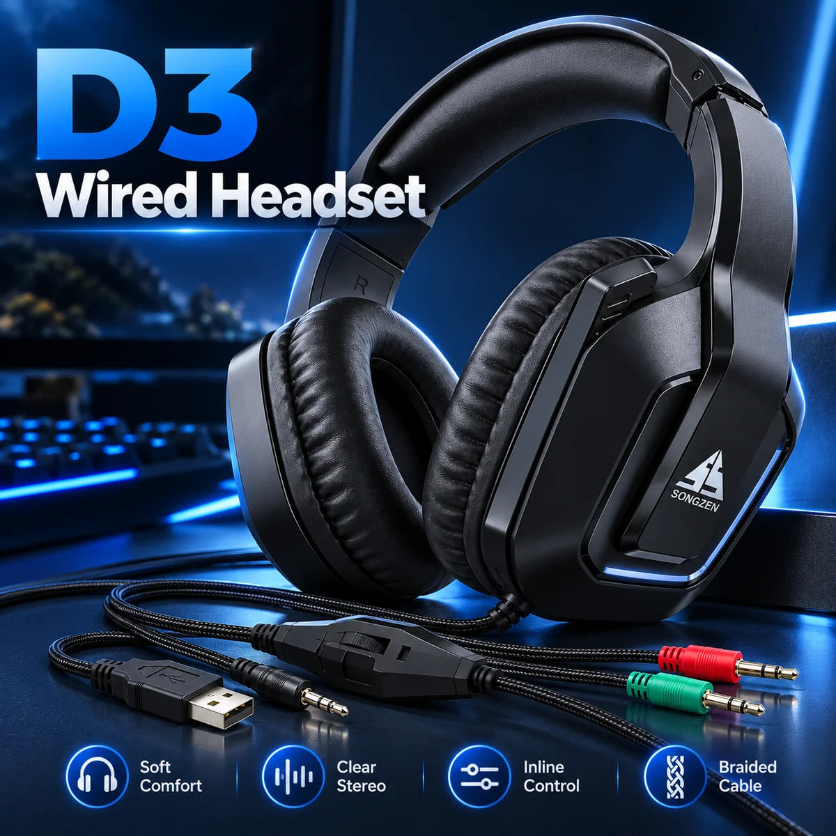 Casque de jeu D3, casque stéréo filaire à porter sur l’oreille, confortable, sans microphone, pour PC, ordinateur portable, écoute de musique et jeux.