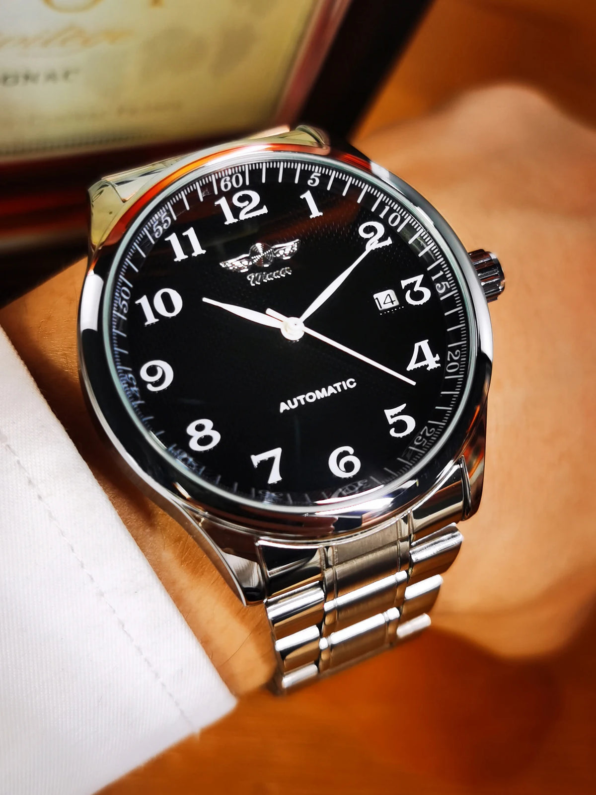 Herrklocka WINNER – Klassisk, retro och elegant stil – Mekanisk automatisk klocka med kalender – Lyxmärke, boett i stål och läderarmband