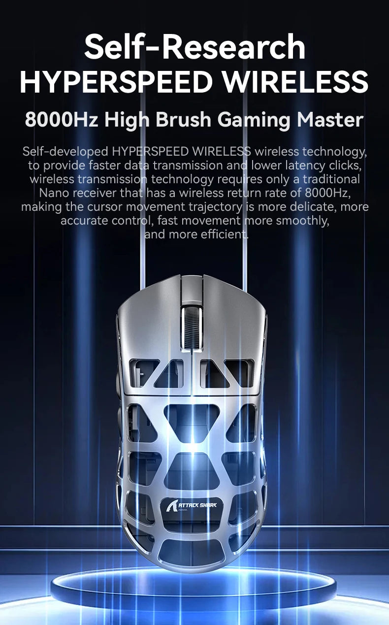 ATTACK SHARK R3 gamingmus i magnesiumlegering med bikakestruktur, ultralätt 8K Hz, PAW3395-sensor, 26000 DPI, ergonomisk skalform