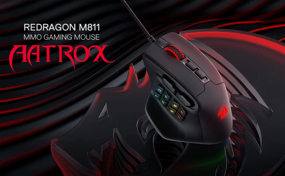 Herní myš Redragon M811 Aatrox MMO, kabelová RGB myš pro hráče s 15 programovatelnými tlačítky a ergonomickým přirozeným úchopem