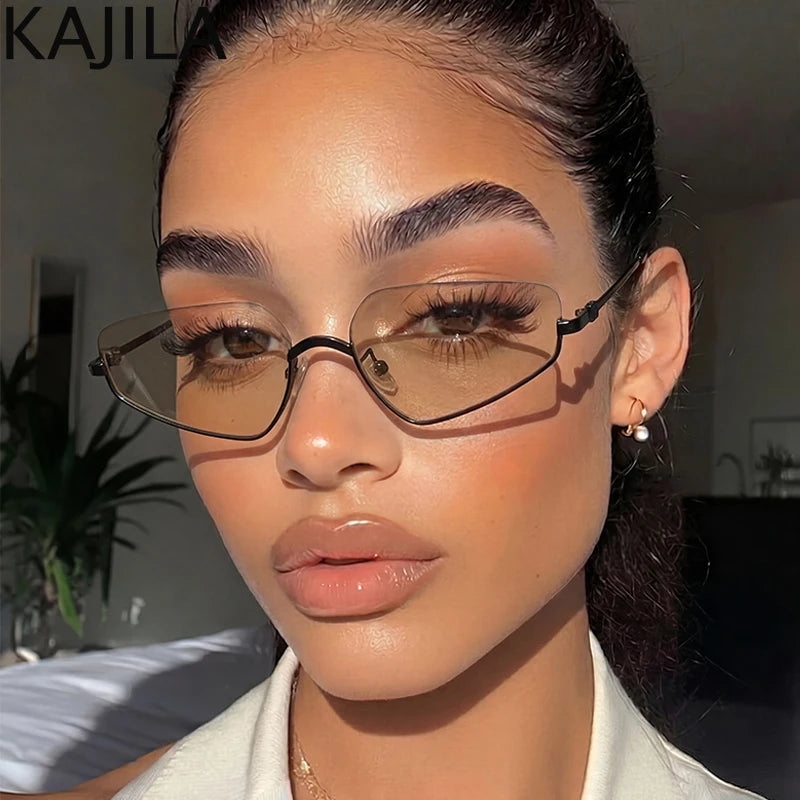 Vintage Semi-Rimless Polygon Punk Sunglasses Women 2026 Luxury Brand Cat Eye Metal Small Frame Sun Glasses Ladies Classic Shades