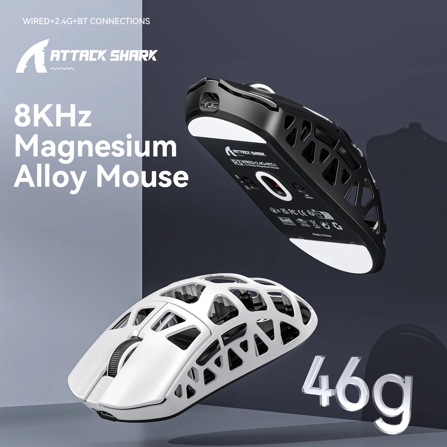 Mouse gaming ATTACK SHARK R3 din aliaj de magneziu cu design tip fagure, ultra-ușor, 8K Hz, senzor PAW3395, 26000 DPI, carcasă ergonomică