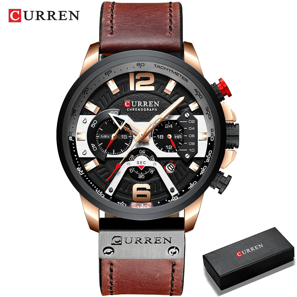CURREN 8329 Men’s Watch – Casual sporty style, military-inspired design, leather strap, trendy chronograph, luxury watch from a leading brand
