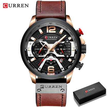 CURREN 8329 Men’s Watch – Casual sporty style, military-inspired design, leather strap, trendy chronograph, luxury watch from a leading brand