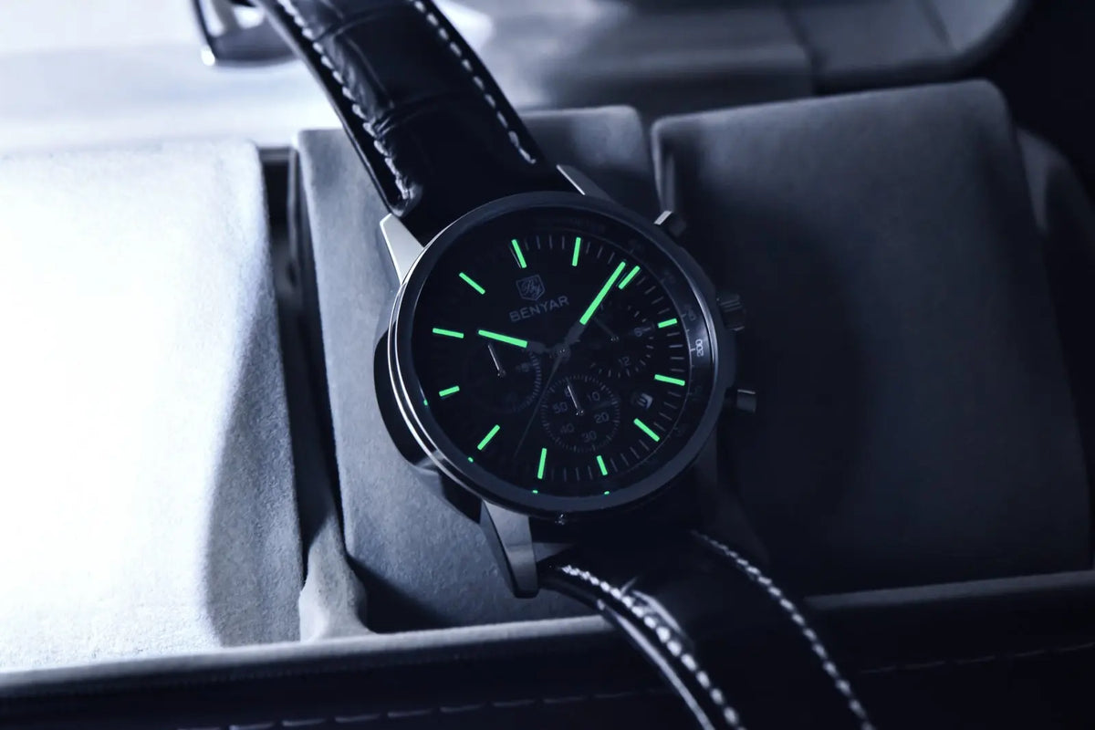 Benyar luxury men’s watch – Chronograph with date, leather strap, water-resistant, luminescent, sporty and military style, quartz watch