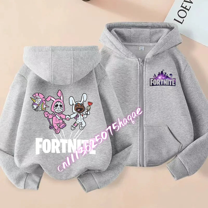 Ново детско яке с качулка Fortnites — суитшърт с цип и щампа на анимационен игрови персонаж, есенно-зимни дрехи за момчета