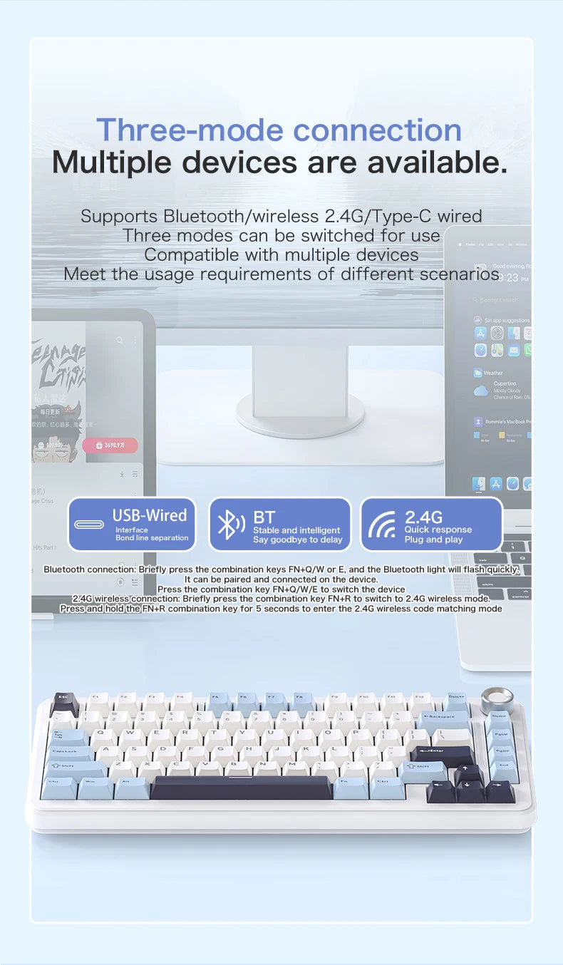 F75 Mechanische Tastatur FREEWOLF * AULA F75 Bluetooth-Tastatur mit drei Verbindungsmodi, speziell für Gaming und Büro entwickelt