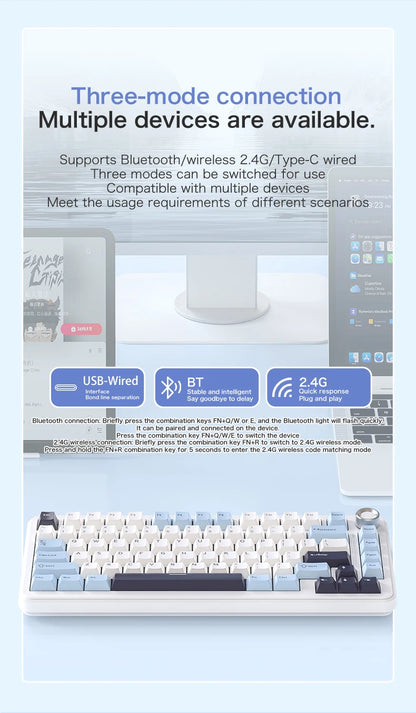 F75 Mechanische Tastatur FREEWOLF * AULA F75 Bluetooth-Tastatur mit drei Verbindungsmodi, speziell für Gaming und Büro entwickelt