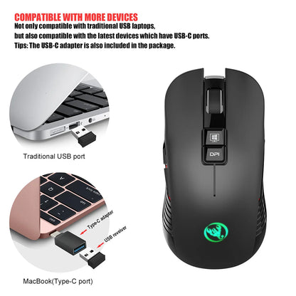 Mouse da gaming wireless 2.4G USB-C ricaricabile 3600DPI a 7 pulsanti, mouse silenzioso Type-C per MacBook, laptop, PC e computer da gioco