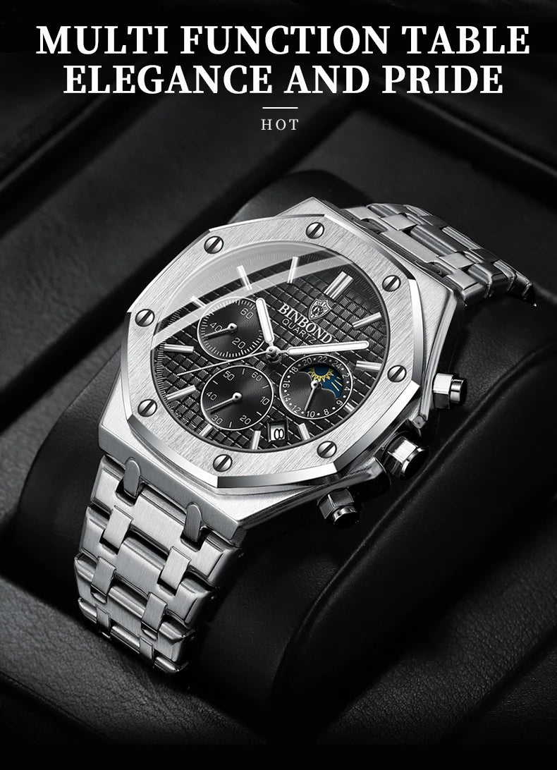 BINBONG B0161 Top Brand Man Business Quartz Watch Chronograph Wristwatch Stainless Steel Strap 30M Waterproof Luxury Men Watch