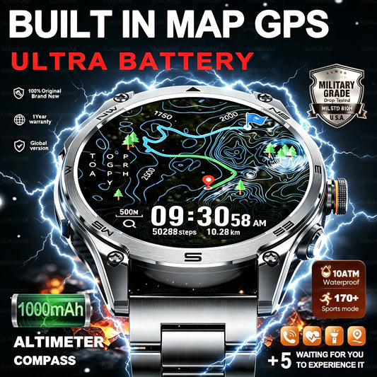 2026 New Military GPS Smart Watch 1000Mah Battery Compass IP68 Waterproof Tactics Sport Flashlight BT Call Smart Watch For Men