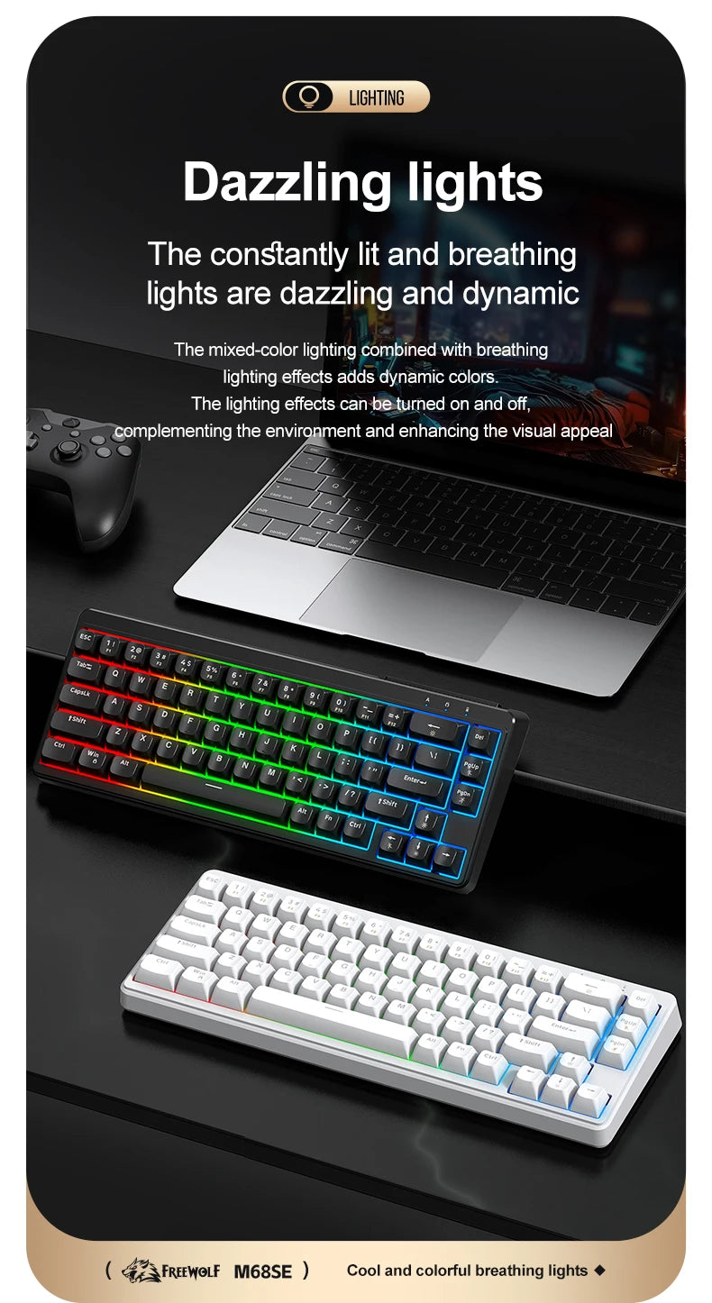 FREEWOLF M68SE 68 key wired mini keyboard, designed ergonomically, Dazzling lights And compatible with multiple systems