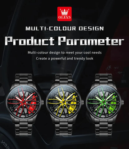 OLEVS 9937 Mens Watch Original Rotatable Wheel Hub Dial Fashion Trend Quartz Watch Waterproof Luminous Stainless Steel Reloj