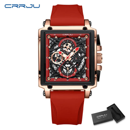CRRJU Men's Sports Chronograph Wrist Watch For Men Army Silicone strap Square Quartz Stop Watch Clock Man Relogios Masculino