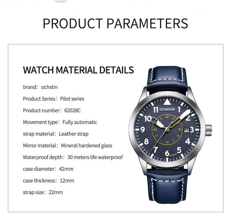 OCHSTIN Mens Fashion Luxury Mechanical Automatic Skeleton Watch Transparent Back Cover Creative Design With Yellow Calendar Dial