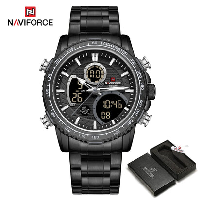 NAVIFORCE Men’s Sports Watch – Original luxury stainless steel wristwatch, water-resistant military-style model with dual display
