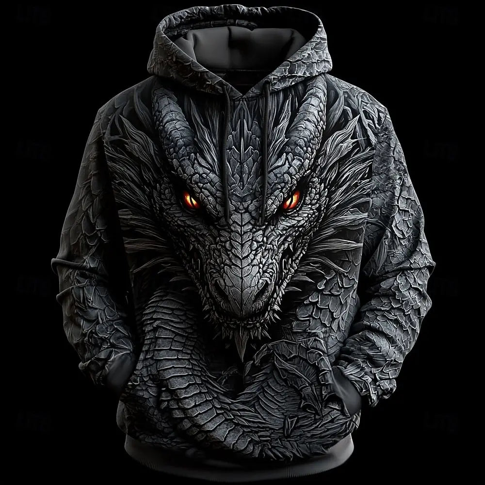 Hanorace cu glugă 3D Dragon pentru bărbați, hanorace la modă, cool, pentru uz zilnic, cu mâneci lungi, guler rotund, pentru petreceri, sărbători, ținute de stradă, toamnă-iarnă, trening, palton
