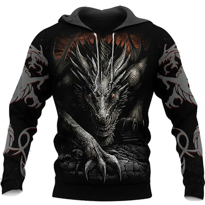 Herbst-Winter-Kapuzenpullover für Herren, langärmelig, mit 3D-Tattoo-Drachen-Print, Unisex-Streetwear-Sweatshirt, lässiger Trainingsanzug-Pullover