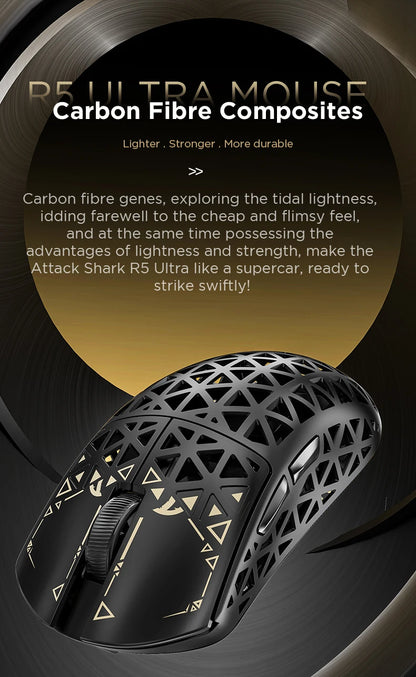 ATTACK SHARK R5 Ultra Carbon Fiber brezžična gaming miška, gaming senzor PixArt PAW3950MAX, 42000DPI, 8000Hz, MCU Nordic 52840