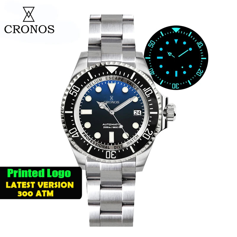 Cronos Automatic Diving Watch Stainless Steel 2000Meters Water Resistance Professional Diver PT5000 SW200 Miyota9015 90S5 L6027M