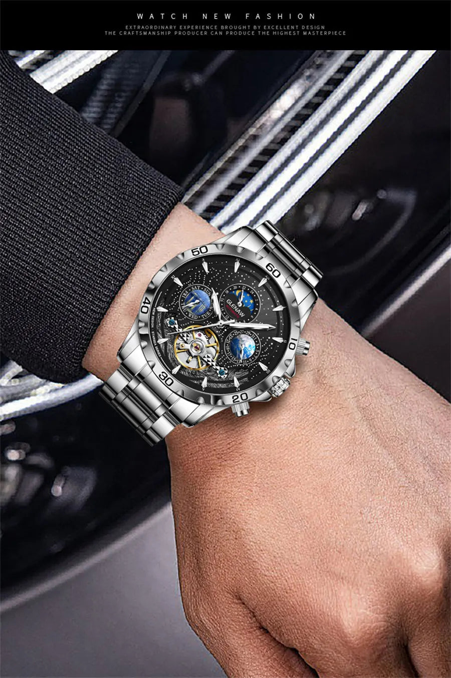 Relógio Masculino GLENAW Design, Marca de Topo, Luxo, Moda e Negócios, Automático, Impermeável, Relógio Mecânico para Homem