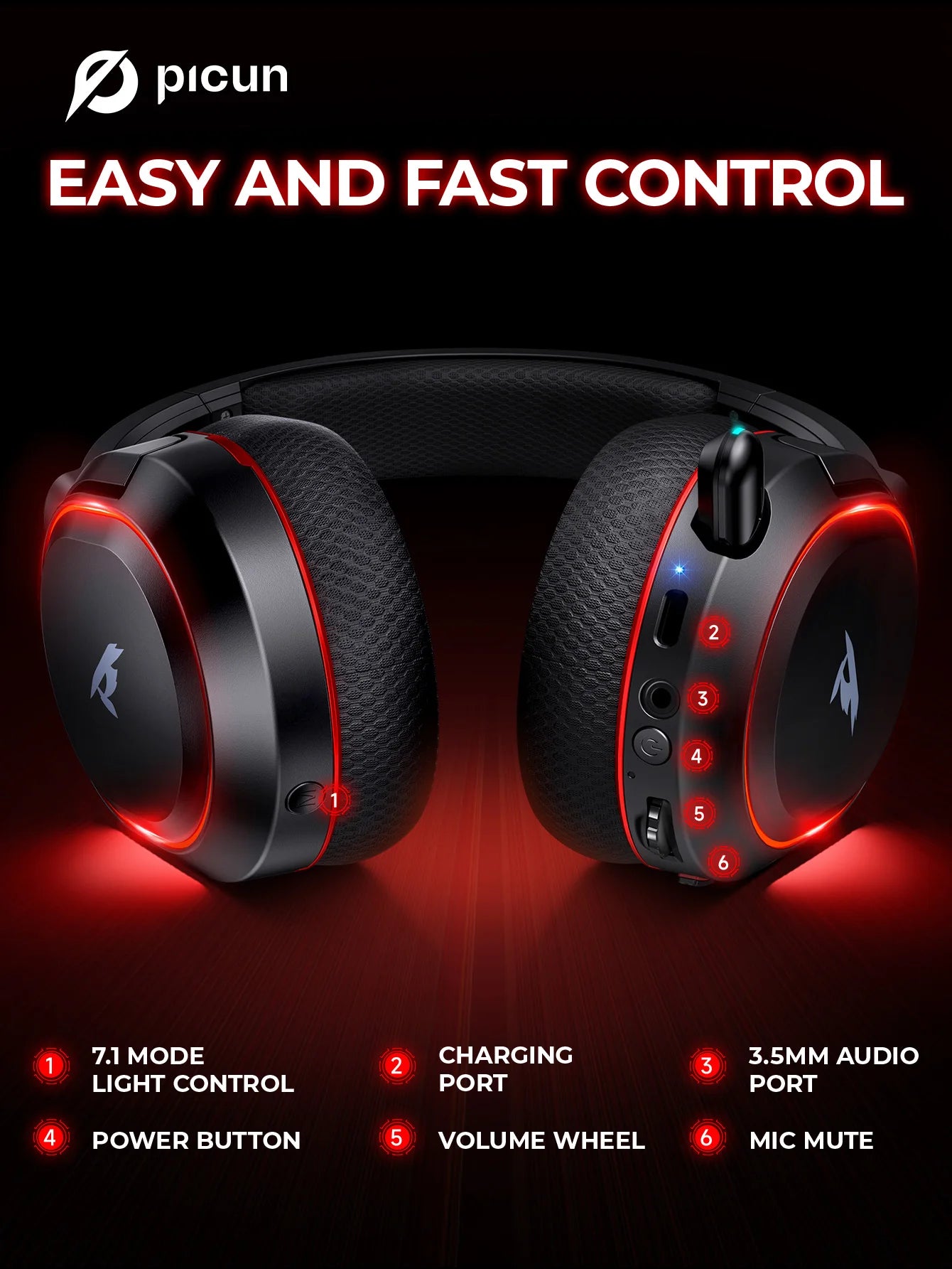 Auscultadores Gaming Sem Fios Picun G2 Bluetooth 5.3 – Som Surround 7.1, Microfone ENC, Bateria de 100H, Auscultadores de Baixa Latência para PC, PS5, PS4, Switch e Mobile