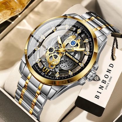 Vintage openwork BINBOND quartz wristwatch for men, luminous, water-resistant, accurate and durable, casual style.