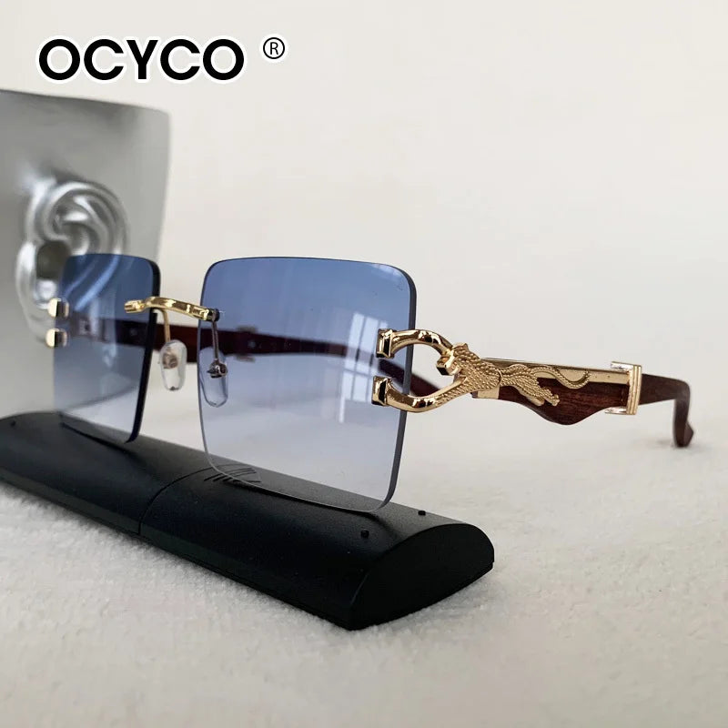 Fashion Rimless Square Sunglasses For Man Leopard Design Gradient Sun Glasses Woman Luxury Outdoor Eyewear UV400