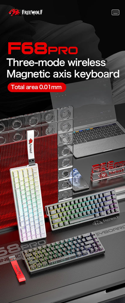 FREEWOLF F68 F68Pro Gaming Keyboard Magnetic Switch 3-Mode Wireless Bluetooth Wired, 8K/1K Polling RGB Hot-Swap RT VALORANT FPS