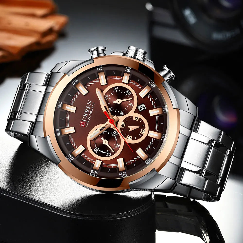 CURREN men’s chronograph watch, large 48 mm dial, stainless steel bracelet, three sub-dials, quartz sports wristwatch, luxurious style