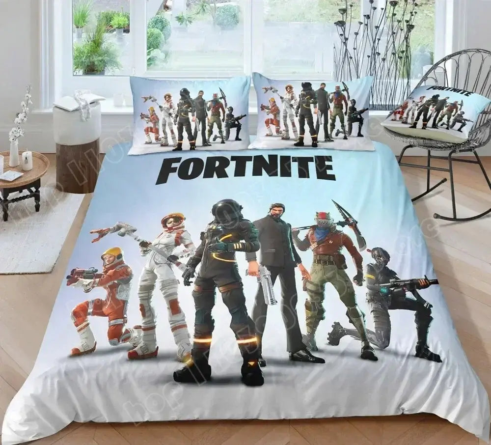 Спален комплект Fortnite с плик за завивка, 3 части, 3D принт, спално бельо за спалня, игра, аниме, анимационна калъфка за възглавница, декорация за стая, подаръци