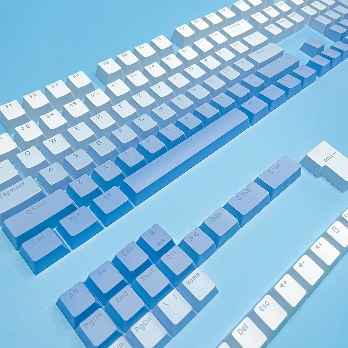 Teclas gamer RGB con retroiluminación degradada para teclado mecánico con interruptores MX, perfil OEM, PBT, blanco y azul, distribución ISO, teclas DIY