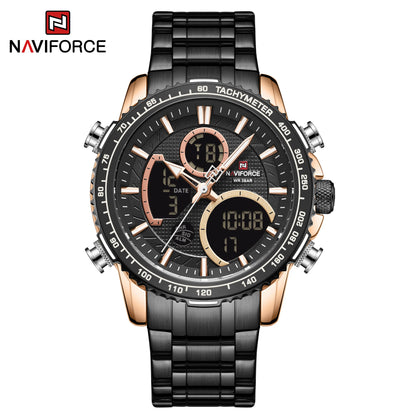 NAVIFORCE Men’s Sports Watch – Original luxury stainless steel wristwatch, water-resistant military-style model with dual display