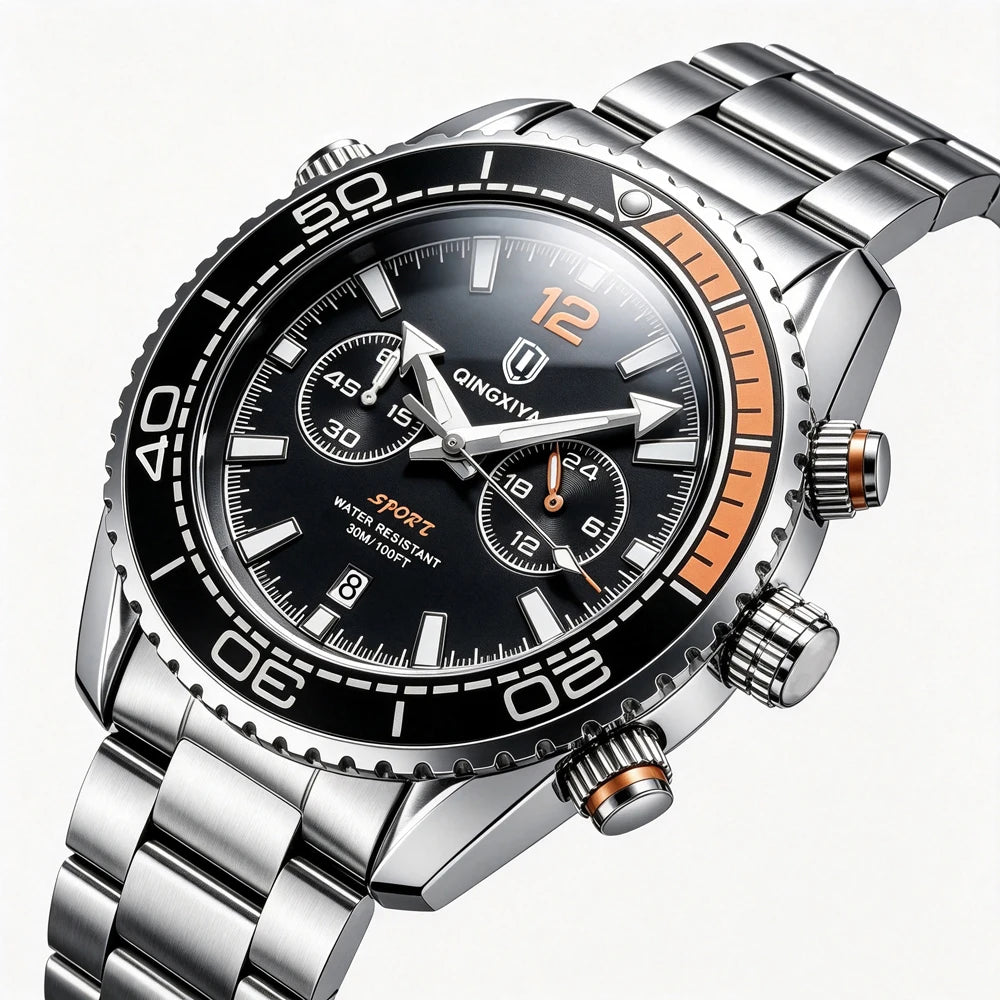Luxury men’s wristwatch by QINGXIYA, water-resistant sports chronograph with luminous date display, casual men’s quartz watch