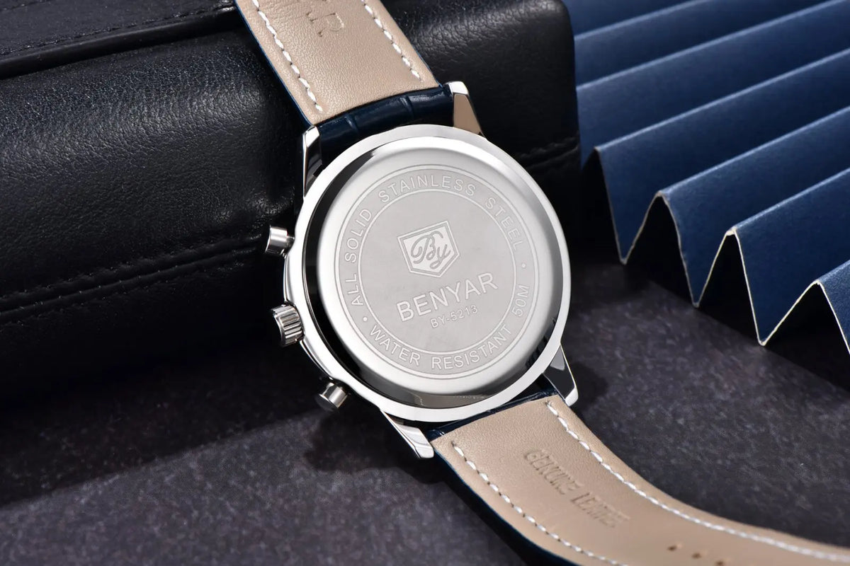 Benyar luxury men’s watch – Chronograph with date, leather strap, water-resistant, luminescent, sporty and military style, quartz watch