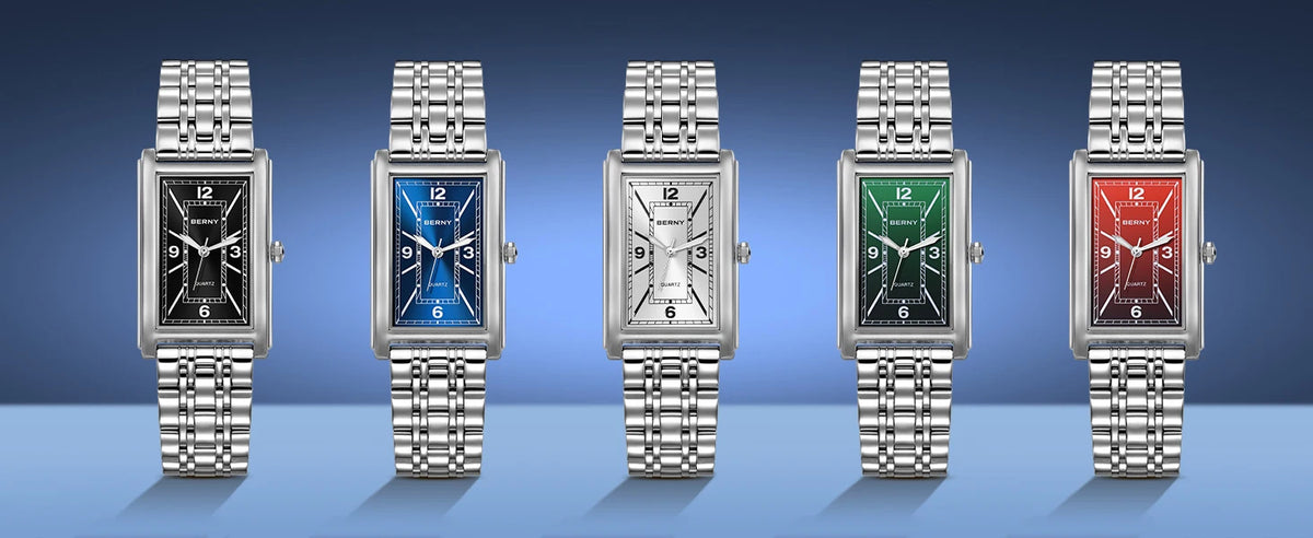 BERNY square men’s watch – Quartz movement, Roman numeral dial, luminescent display, 316L stainless steel case – An elegant and casual rectangular watch