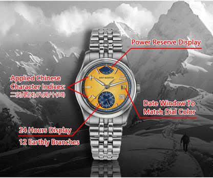 San Martin 39mm Miyota 9132 Power Reserve Display Men Luxury Sport Watch Automatic Mechanical Waterproof Original Design SN0144