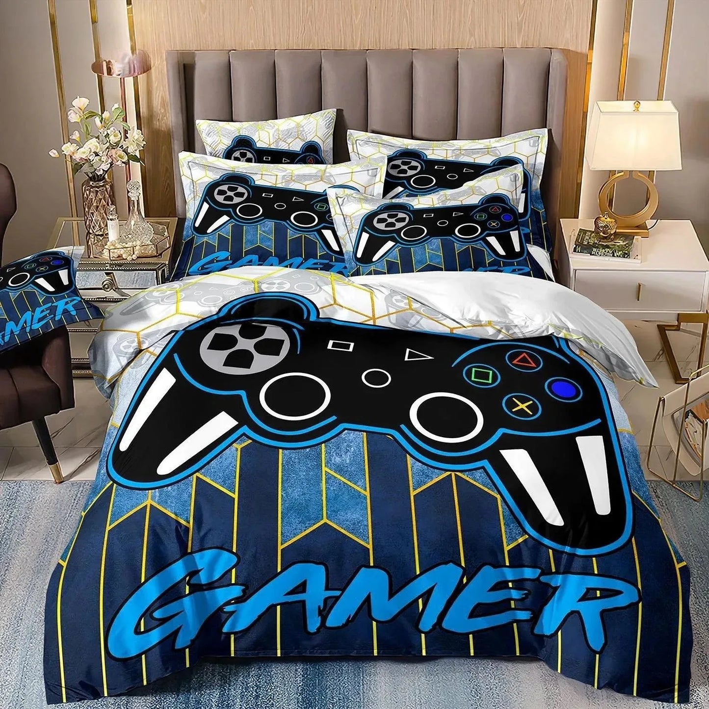 Gamer Bedding Sets for Boy Kid Gaming Duvet Cover Set Queen Video Games Comforter Cover, Playstation Designs Bed Set for Teen Men
