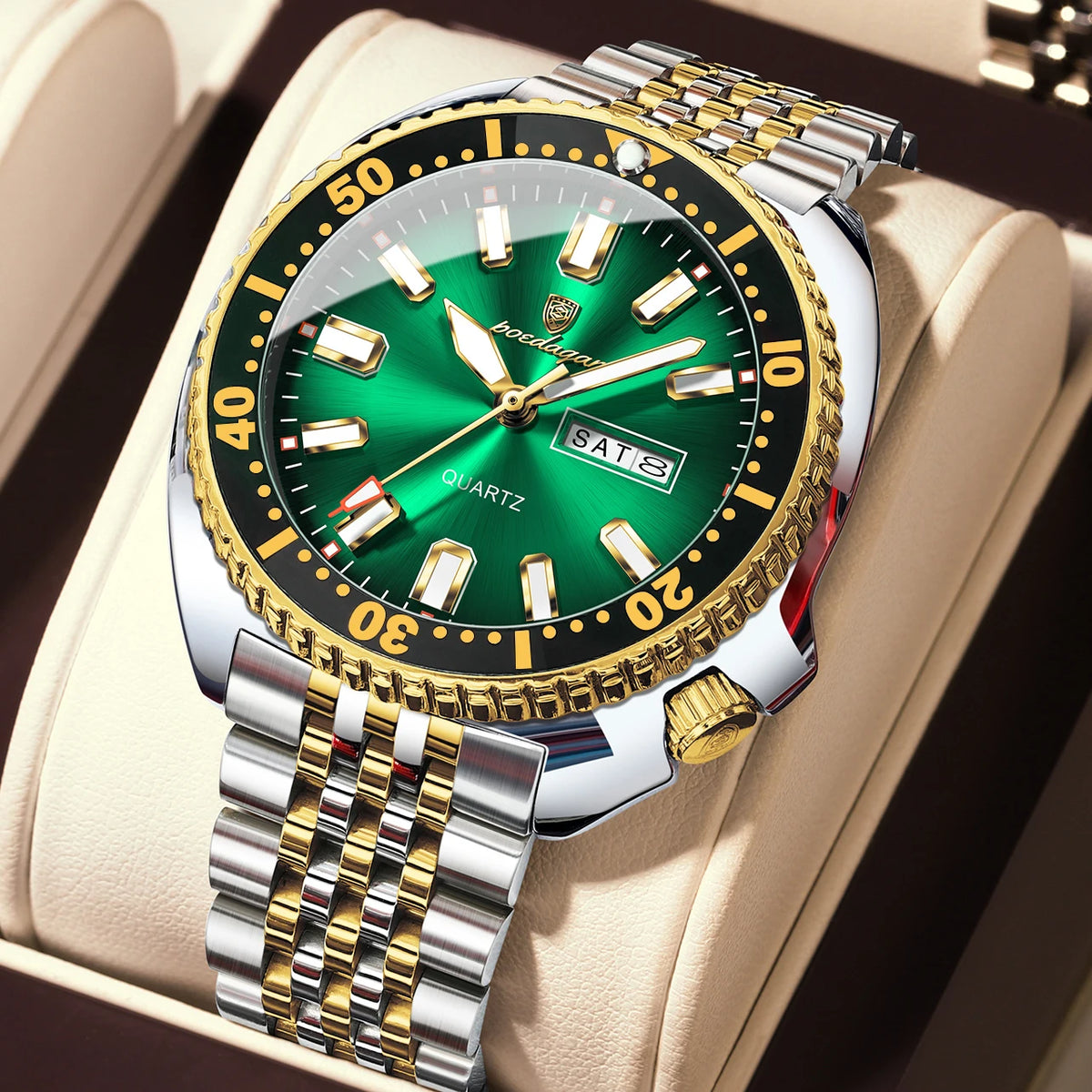 POEDAGAR luxury men’s watch, business style, with date and day of the week, water-resistant and luminous, made of stainless steel and powered by a quartz movement.