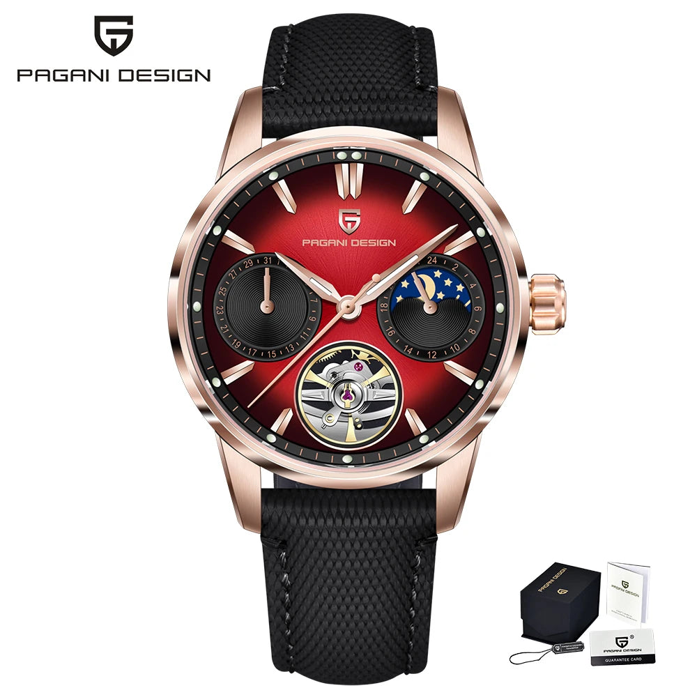 PAGANI DESIGN – Luxus mechanikus férfi karóra, 41 mm, zafírüveg, bőr szíj, vízálló, pilóta stílusú, tourbillon és holdfázis kijelzővel