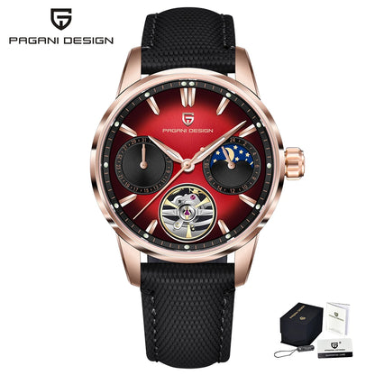 PAGANI DESIGN – Luxus mechanikus férfi karóra, 41 mm, zafírüveg, bőr szíj, vízálló, pilóta stílusú, tourbillon és holdfázis kijelzővel