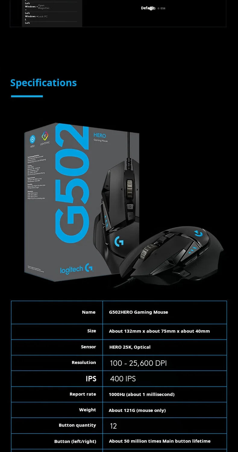 Ratón gaming con cable Logitech G502 HERO de alto rendimiento, sensor HERO 25K, 25,600 DPI, RGB, pesos ajustables, 11 botones, ratón para PC/Mac