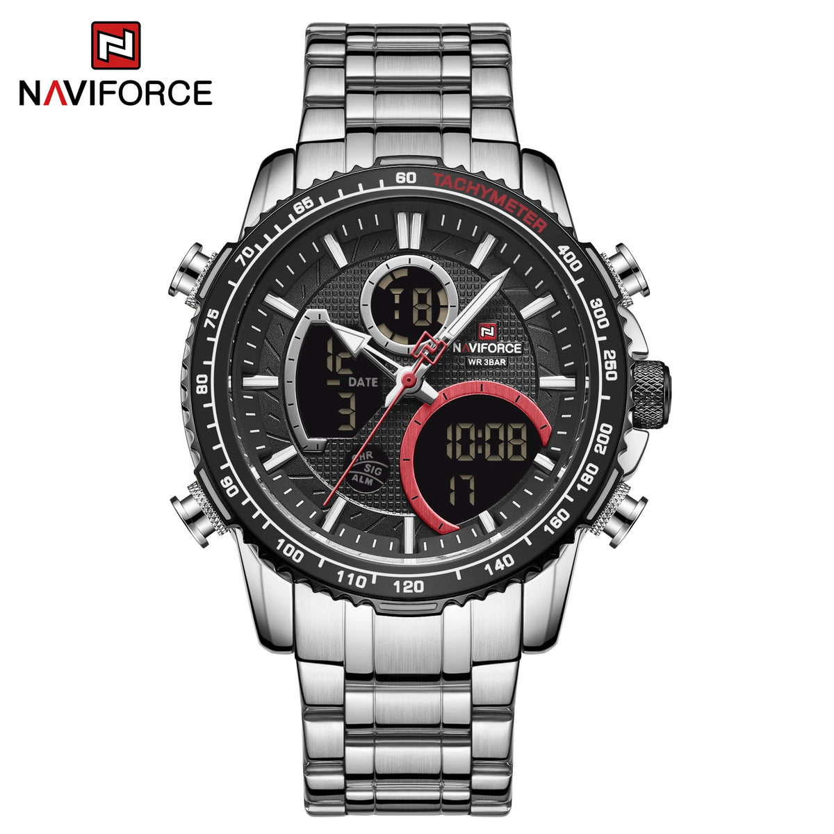 NAVIFORCE Men’s Sports Watch – Original luxury stainless steel wristwatch, water-resistant military-style model with dual display