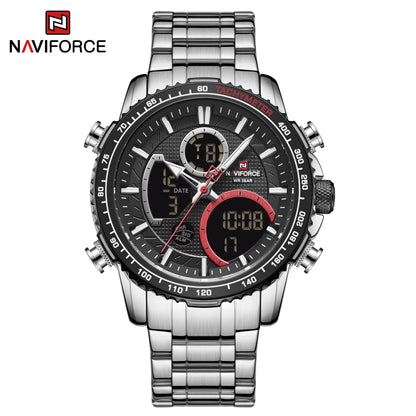 NAVIFORCE Men’s Sports Watch – Original luxury stainless steel wristwatch, water-resistant military-style model with dual display