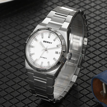 BERNY men’s automatic watch, gold-coloured, sapphire crystal, luminescent hands, 100% genuine, fitted with a PT5000 movement, anti-reflective coating, luxury model with interchangeable bezel, water-resistant to 5 ATM.
