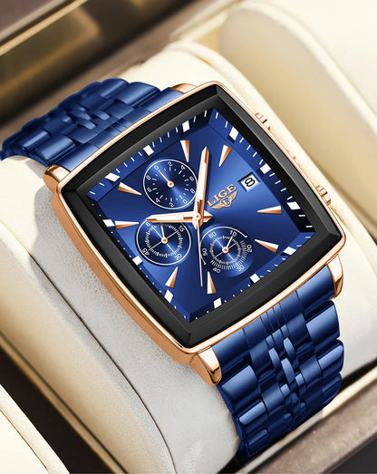 LIGE luxury men’s watches, square model, classic and trendy style, stainless steel, water-resistant, sporty and casual, with quartz movement.