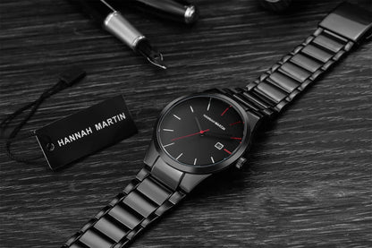 Hannah Martin férfi karóra, rozsdamentes acél tok, kvarc szerkezet, 41 mm-es számlap, üzleti stílus, naptárkijelzéssel (utánzat)