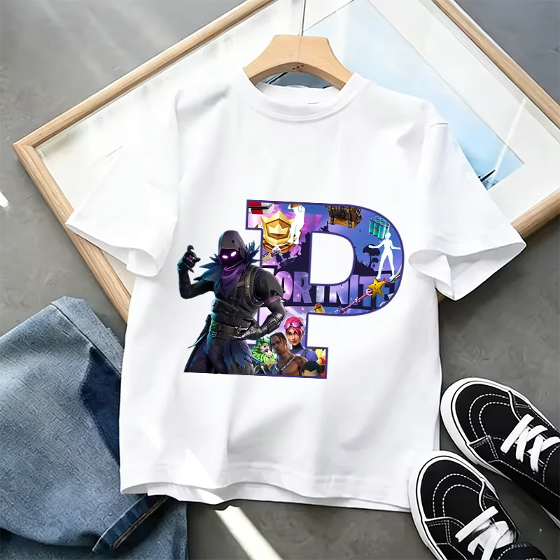 Fortnite A-Z Alphabet Print T-Shirt Summer Kids White Clothing Popular Cartoon Game T-Shirt Fashion Casual Short Sleeve Top Gift
