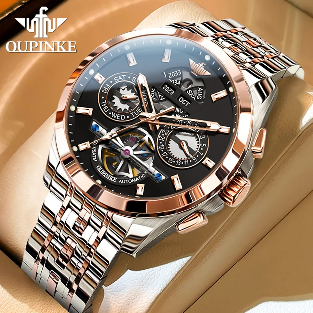 OUPINKE 3251 Watch For Men Auto Date Hollow Skeleton Luxury Automatic Mechanical Hand Clock Top Brand Waterproof Man Watches