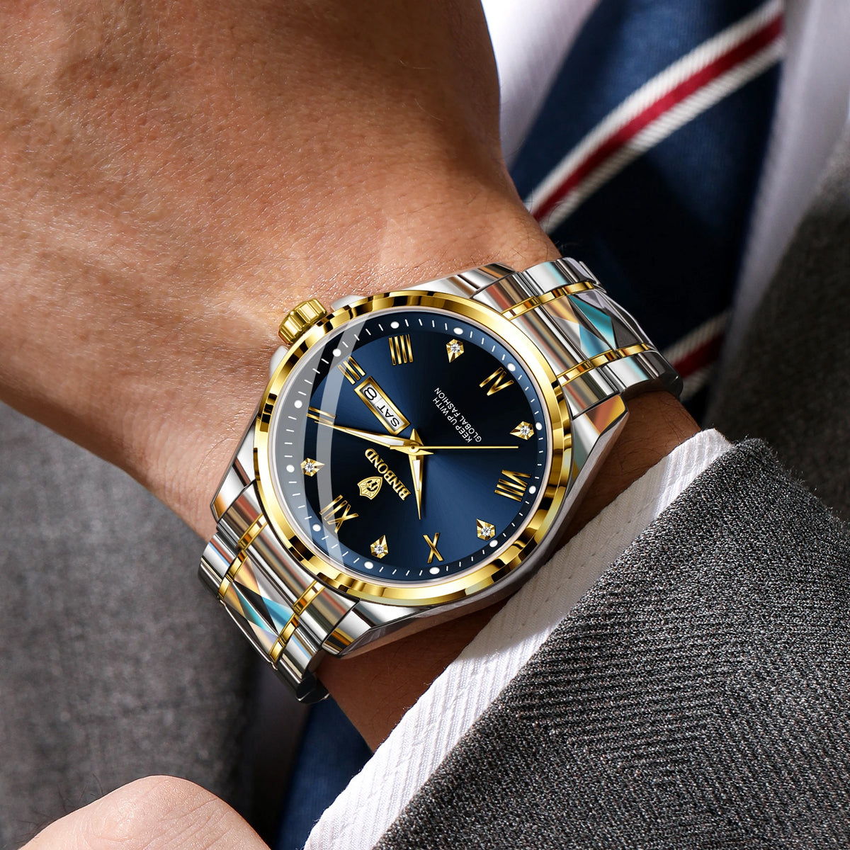 Montre-bracelet à quartz pour homme BINBOND – Style professionnel, luxueuse, lumineuse, robuste et durable, étanche, avec affichage automatique de la date et du jour de la semaine.